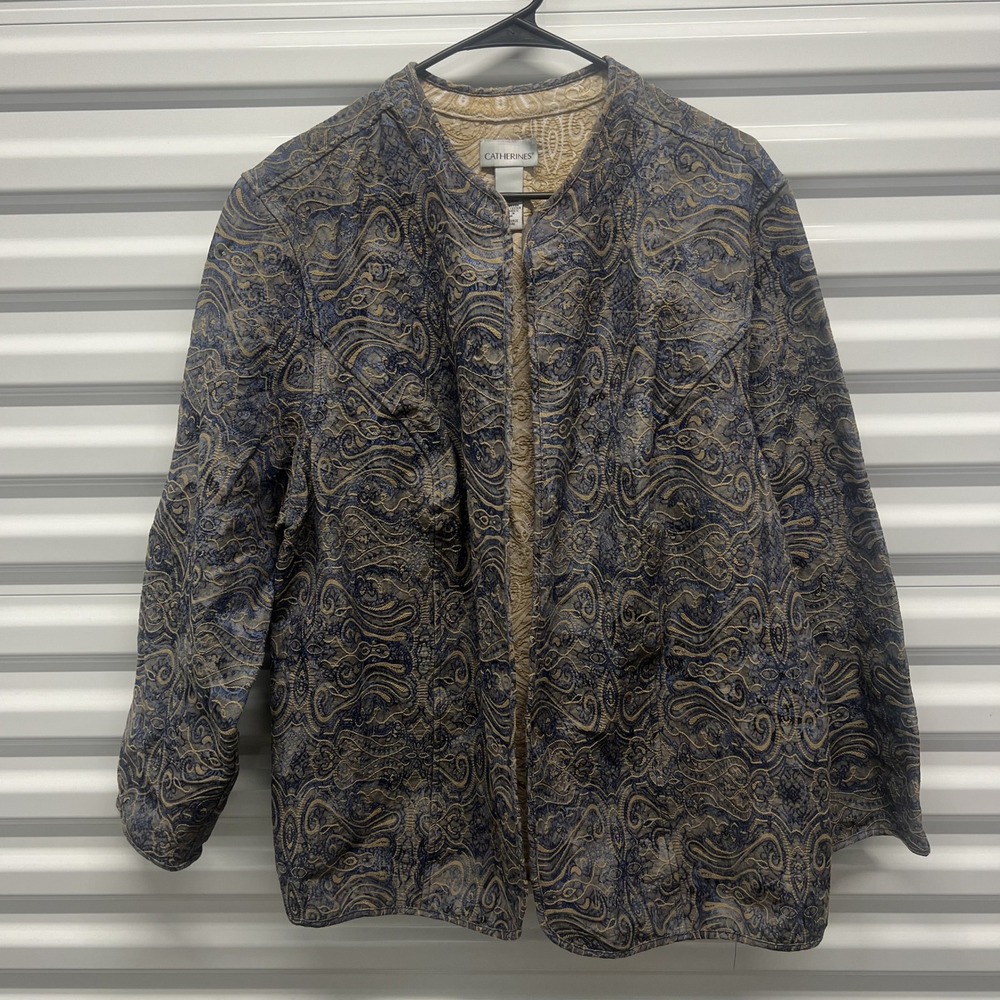 Catherines Jacket Size 2X Womens Blue Tan Paisley Jacquard Open Front Blazer — photo 2